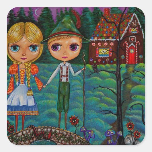 Hansel und Gretel Dolls und das Lebkuchenhaus Quadratischer Aufkleber (Vorderseite)