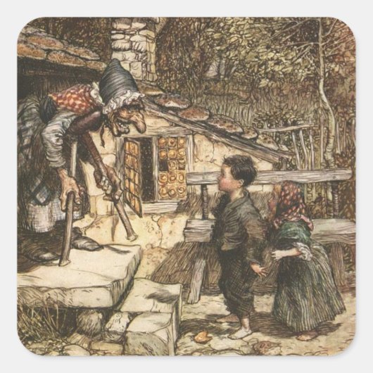 Hansel und Gretel treffen sich zur Hexe Quadratischer Aufkleber (Vorderseite)