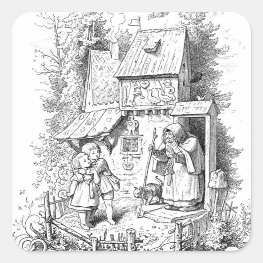 Hansel und Gretel treffen sich zur Hexe Quadratischer Aufkleber (Vorderseite)