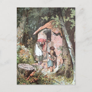 Hansel und Gretel und die Hexe an der Tür Postkarte