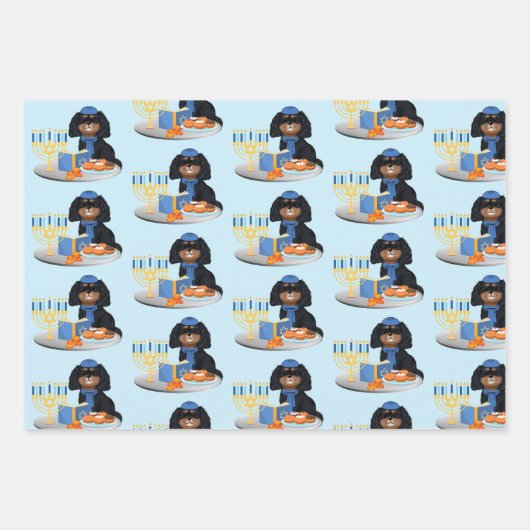 Hanukkah Black und Tan Cavalier King Charles Spani Geschenkpapier Set (Vorderseite 2)