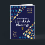 HANUKKAH BLESSINGS Dreidel Menorah Stars Religiöse Feiertagskarte<br><div class="desc">Stilvolle blaue und goldene GREETING-KARTE, um Ihrer Familie und Freunden ein Happy Hanukkah zu wünschen, die WISHING YOU THE BEST OF HANUKKAH BLESSINGS in weißer Typografie mit FAMILY, FRIENDS & FUN und FRIACE, LIEBE & JOY in cyan blue Typografie in den Ecken. Dies ist Set vor einem Hintergrund von goldfarbenen...</div>