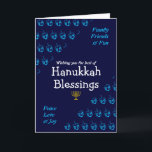 HANUKKAH BLESSINGS FEIERTAGSKARTE<br><div class="desc">Moderne blaue GREETING-KARTE, um Ihrer Familie und Freunden ein Happy Hanukkah zu wünschen, das heißt, WISHING YOU THE BEST OF HANUKKAH BLESSINGS in white typografie mit FAMILY, FRIENDS & FUN und PEACE, LIEBE & JOY in cyan blue typografie in den Ecken. Dies ist Set vor einem Hintergrund von cyan blauen...</div>