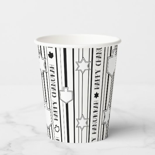 Hanukkah Blk N White Dreidels N Stars 8 oz. Pappbecher (Rückseite)