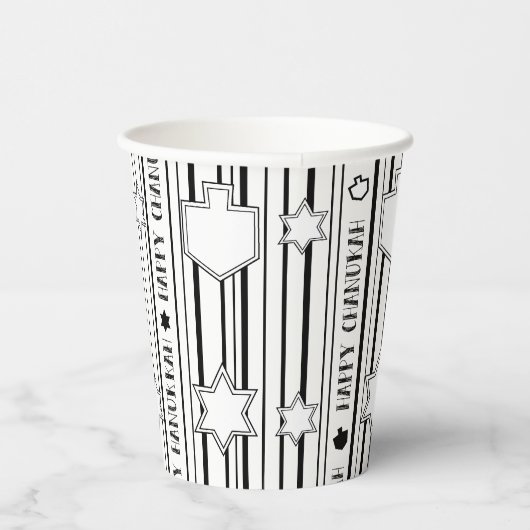 Hanukkah Blk N White Dreidels N Stars 8 oz. Pappbecher (Rechts)