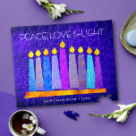 Hanukkah Blue Boho Candle Pattern Peace Liebe Ligh Puzzle<br><div class="desc">"Frieden, Liebe und Licht." Eine spielerische, moderne, künstlerische Abbildung von Boho Musterkerzen in einer Menorah hilft Ihnen, den Urlaub von Hanukkah zu beginnen. Die blauen Kerzen mit bunten Imitat-Folienmustern überlagern einen reichen, tiefblauen, strukturierten Hintergrund. Genießen Sie die Wärme und Freude der Ferienzeit, wenn Sie dieses atemberaubende, farbenfrohe Hanukkah-Puzzle benutzen. Passende...</div>