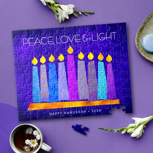 Hanukkah Blue Boho Candle Pattern Peace Liebe Ligh Puzzle