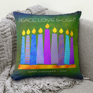 Hanukkah Blue Boho Candles Green, Peace Liebe Ligh Kissen