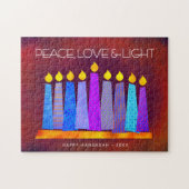 Hanukkah Blue Boho Kerzen auf Red Peace Liebe Ligh Puzzle (Horizontal)
