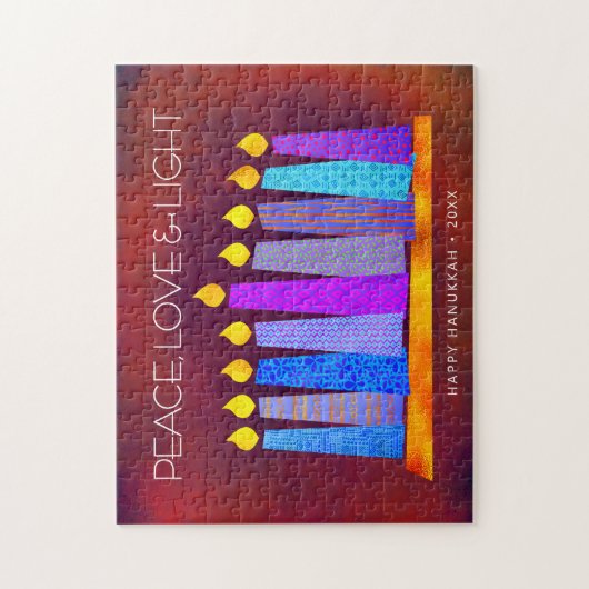 Hanukkah Blue Boho Kerzen auf Red Peace Liebe Ligh Puzzle (Vertikal)