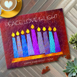 Hanukkah Blue Boho Kerzen auf Red Peace Liebe Ligh Puzzle<br><div class="desc">"Frieden, Liebe und Licht." Eine spielerische, moderne, künstlerische Abbildung von Boho Musterkerzen in einer Menorah hilft Ihnen, den Urlaub von Hanukkah zu beginnen. Die blauen Kerzen mit bunten Imitat-Folienmustern überlagern einen reichen, tief verbrannten, orangefarbenen Hintergrund. Genießen Sie die Wärme und Freude der Ferienzeit, wenn Sie dieses atemberaubende, farbenfrohe Hanukkah-Puzzle benutzen....</div>