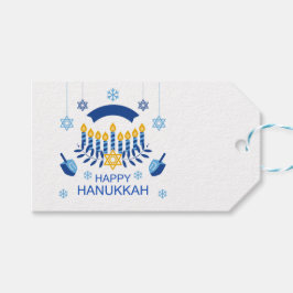 Hanukkah Blue Gold Menorah Dreidel Snowflakes Geschenkanhänger