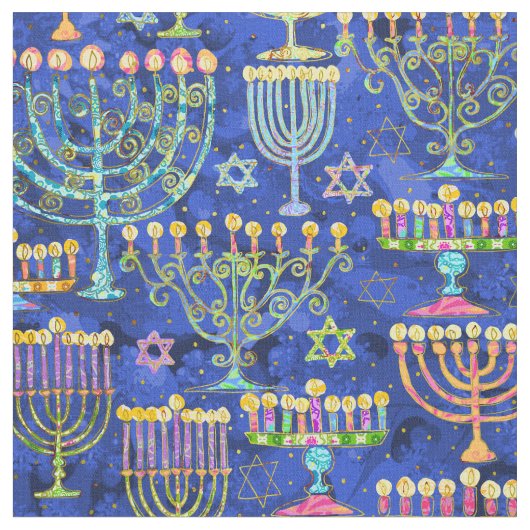 Hanukkah Blue Gold Menorah Star von David Pattern Stoff (Nahaufnahme)