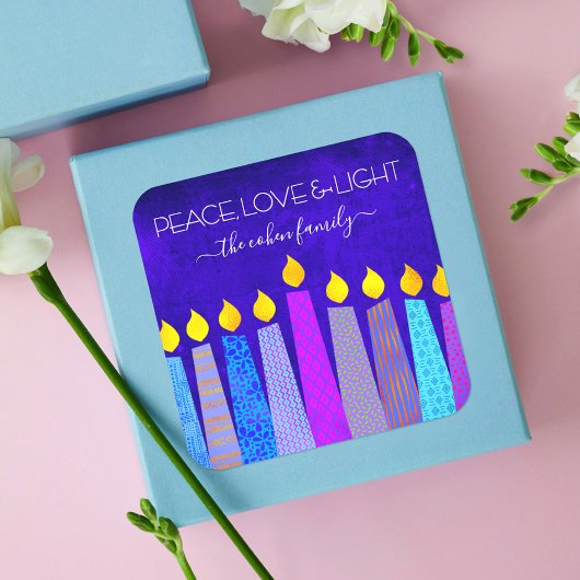 Hanukkah Bold Candles Blue Peace Liebe Light Name Quadratischer Aufkleber