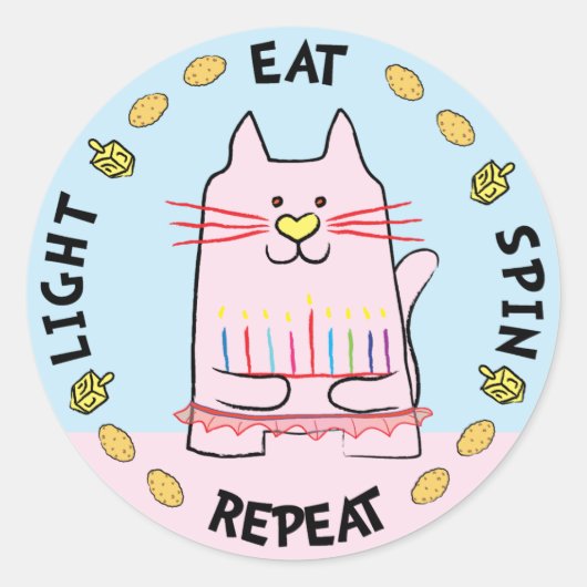 Hanukkah CAT-Aufkleber "Light, Eat, Spin, Repeat" Runder Aufkleber (Vorderseite)