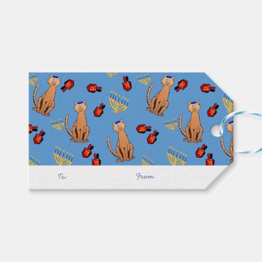 Hanukkah Cat Dreidel Blue Gift Tag Geschenkanhänger (Vorderseite (Horizontal))