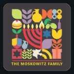 Hanukkah Chanukah Menorah Dreidel jüdische Symbole Quadratischer Aufkleber<br><div class="desc">Hanukkah / Chanukah farbenfrohe moderne geometrische Muster Mailing Sticker. Menorah, Dreidel, Donuts, Stars & Olivenöl... Sie sind alle hier. Hebräisch & jüdisch Hanukkah Symbole Space, um Ihren Namen hinzuzufügen. Alles Gute wünscht Hanukkah. Dieses hochklassige, schöne, aussehen ist eine großartige Möglichkeit, um Freunde, Familie und Kunden, eine sehr glückliche Hanukka/Chanukah -...</div>
