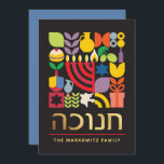 Hanukkah Chanukah Menorah Jüdische Stars Dreidel Feiertagskarte<br><div class="desc">Hanukkah / Chanukah farbenfrohe moderne geometrische Muster-Karte mit Imitate Gold Foil. Menorah, Dreidel, Donuts, Stars & Olivenöl... Sie sind alle hier. Hebräisch & jüdisch Hanukkah Symbole Space, um Ihren personalisierten Text auf der Vorderseite und umgekehrt hinzuzufügen. Alles Gute wünscht Hanukkah. Hebräisch auf der Vorderseite sagt "Chanukah". Dieses hochklassige, schöne, aussehen,...</div>