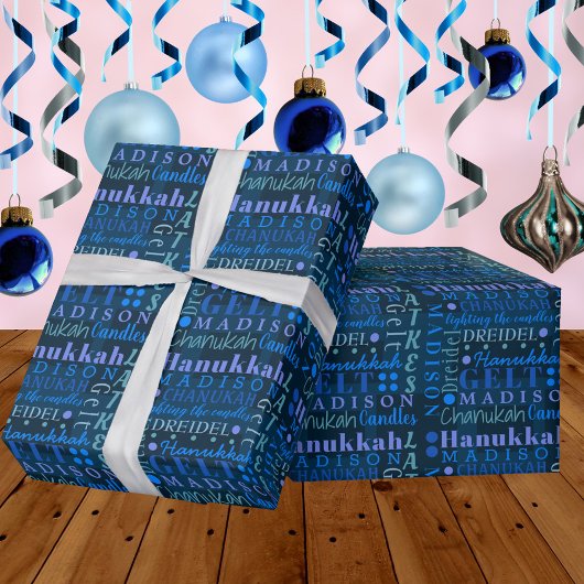 Hanukkah Collage Dark Blue Coole Niedliche Kinder  Geschenkpapier