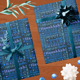 Hanukkah Collage Dark Blue Coole Niedliche Kinder  Geschenkpapier