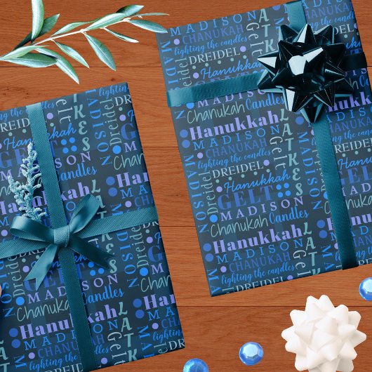 Hanukkah Collage Dark Blue Coole Niedliche Kinder  Geschenkpapier