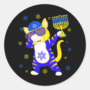 Hanukkah Dabbing Cat Sonnenbrille Holding Menorah Runder Aufkleber