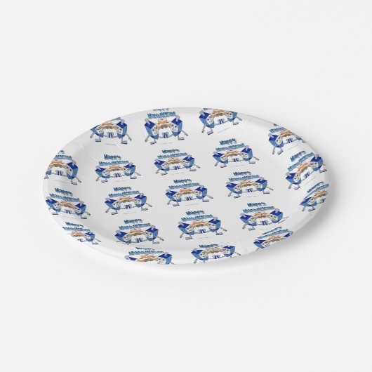 Hanukkah Dancing Dreidels und Jelly Doughnut Pappteller (Schrägansicht)