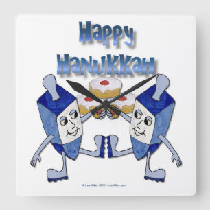 Hanukkah Dancing Dreidels und Jelly Doughnut Quadratische Wanduhr