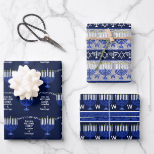 Hanukkah Dark Blue Menorah Monogram Sortiment Geschenkpapier Set