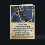 Hanukkah Define Dreidel Gold and Navy Feiertagskarte<br><div class="desc">Funny "Dreidel" Hanukkah/Chanukah, Greeting Card. Enjoy another funny "Define This" greeting card. This fun "Dreidel" holiday card is just right for all of your friends and family this year. As always, Design Elemente can be edited: moved, resized, rotated usw. Background colors can be ändert sich. Personalize by deleting text and...</div>