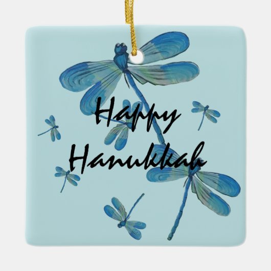 Hanukkah Delicate Blue Dragonfly Original Malerei Keramikornament (Vorderseite)