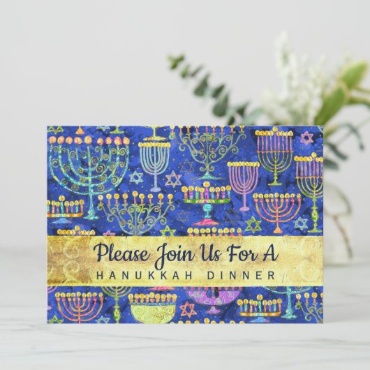 Hanukkah Dinner Gold Blue Menorah Star von David Einladung (Stehend Vorderseite)