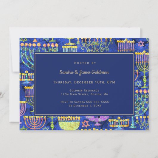 Hanukkah Dinner Gold Blue Menorah Star von David Einladung (Rückseite)
