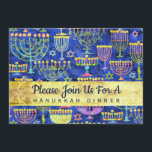Hanukkah Dinner Gold Blue Menorah Star von David Einladung<br><div class="desc">Dieses elegante Hanukkah Dinner Einladung zeigt ein Muster von menorah und Star of David in Gold und Blau. Personalisieren Sie alle Ihre Abenddetails auf der Rückseite der Karte. Entworfen von weltberühmten Künstler ©Tim Coffey.</div>