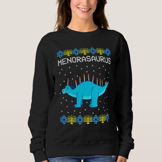 Hanukkah Dinosaur Menorasaurus Ugly Sweater Dino Sweatshirt (Vorderseite)