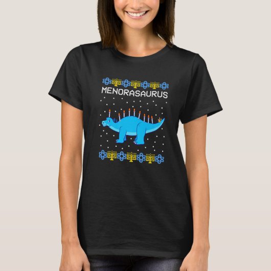 Hanukkah Dinosaur Menorasaurus Ugly Sweater Funny T-Shirt (Vorderseite)