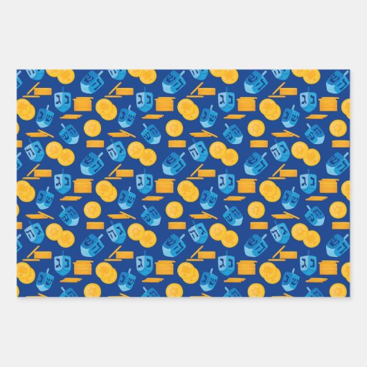 Hanukkah Dreidel Game Gelt Dark Blue Geschenkpapier Set (Vorderseite)
