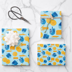 Hanukkah Dreidel Game Gelt Dark Blue Geschenkpapier Set