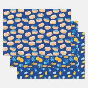 Hanukkah Dreidel, Gelt, Sufganiyot, String Lights Geschenkpapier Set