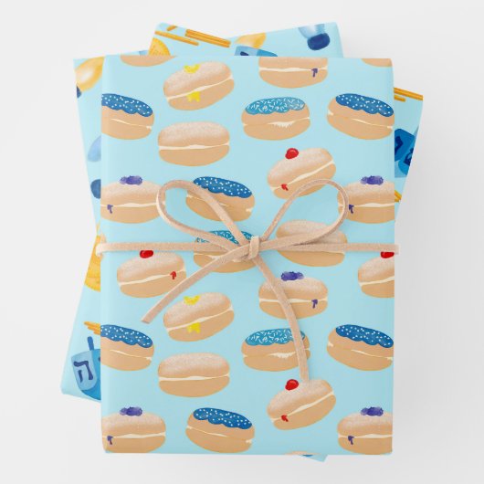 Hanukkah Dreidel, Gelt, Sufganiyot, String Lights Geschenkpapier Set (Beispiel)