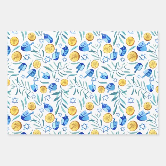 Hanukkah Dreidel Jüdisches Urlaubsmuster Wasserfar Geschenkpapier Set (Vorderseite)