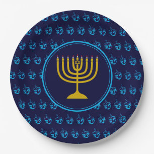 HANUKKAH Dreidel Menorah Israeli Blue Silver Pappteller