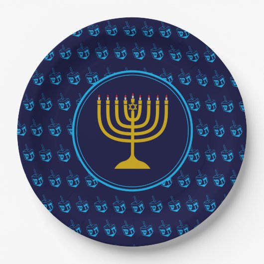 HANUKKAH Dreidel Menorah Israeli Blue Silver Pappteller (Vorderseite)