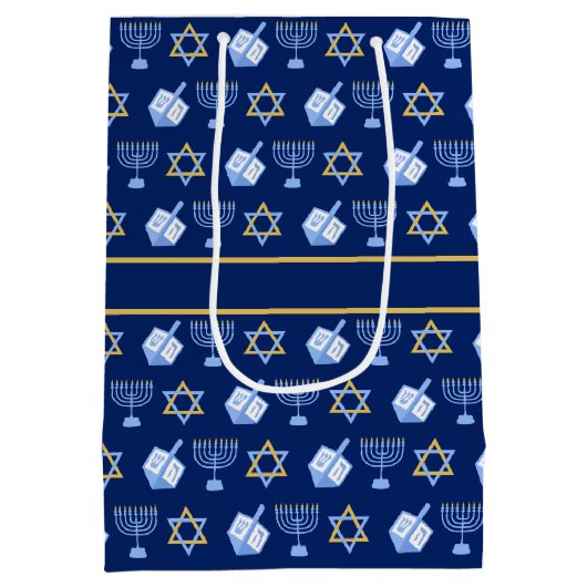Hanukkah Dreidel Menorah Muster Blaues Party Mittlere Geschenktüte (Rückseite)