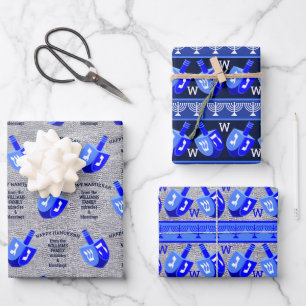 Hanukkah Dreidels Blue Monogram-Sortiment Geschenkpapier Set