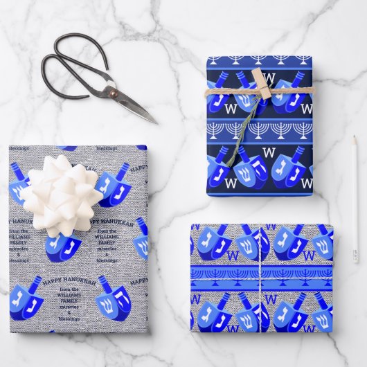 Hanukkah Dreidels Blue Monogram-Sortiment Geschenkpapier Set (Vorderseite)