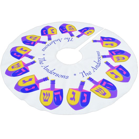 Hanukkah Dreidels farbenfroher Chrismukkah Name hi Polyester Weihnachtsbaumdecke (Schrägansicht)
