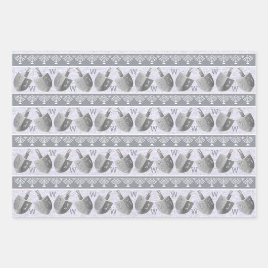Hanukkah Dreidels Silver Monogram Sortiment Geschenkpapier Set (Vorderseite 3)