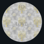 Hanukkah Elegant Stickers (1 1/2"/3")<br><div class="desc">Hanukkah/Elegant Holiday Aufkleber. Wählen Sie aus 1 1/2" und 3" Aufklebern. Personalisieren Sie diese, indem Sie "To: Liebe" mit Ihrer eigenen Nachricht löschen oder ersetzen. Wählen Sie Ihre Lieblings-Schriftart-Größe, Stil und Farbe. Danke, dass du angehalten und eingekauft hast! Ihr Geschäft ist sehr geschätzt! Happy Hanukka! Form: Klassischer Round Sticker Machen...</div>