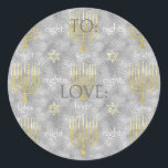 Hanukkah Elegant Stickers (1 1/2"/3")<br><div class="desc">Hanukkah/Elegant Holiday Aufkleber. Wählen Sie aus 1 1/2" und 3" Aufklebern. Personalisieren Sie diese, indem Sie "To: Liebe" mit Ihrer eigenen Nachricht löschen oder ersetzen. Wählen Sie Ihre Lieblings-Schriftart-Größe, Stil und Farbe. Danke, dass du angehalten und eingekauft hast! Ihr Geschäft ist sehr geschätzt! Happy Hanukka! Form: Klassischer Round Sticker Machen...</div>